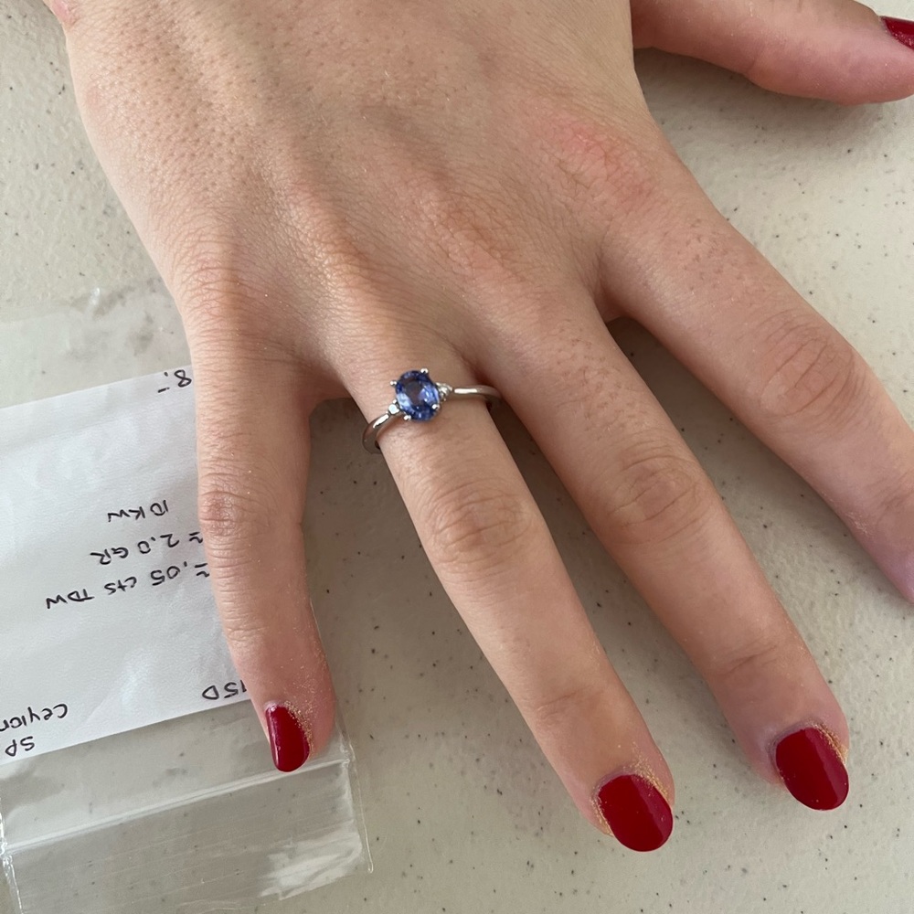 Brand New Oval Ceylon Sapphire Diamond Three Stone Ring 10K White Gold Authentic